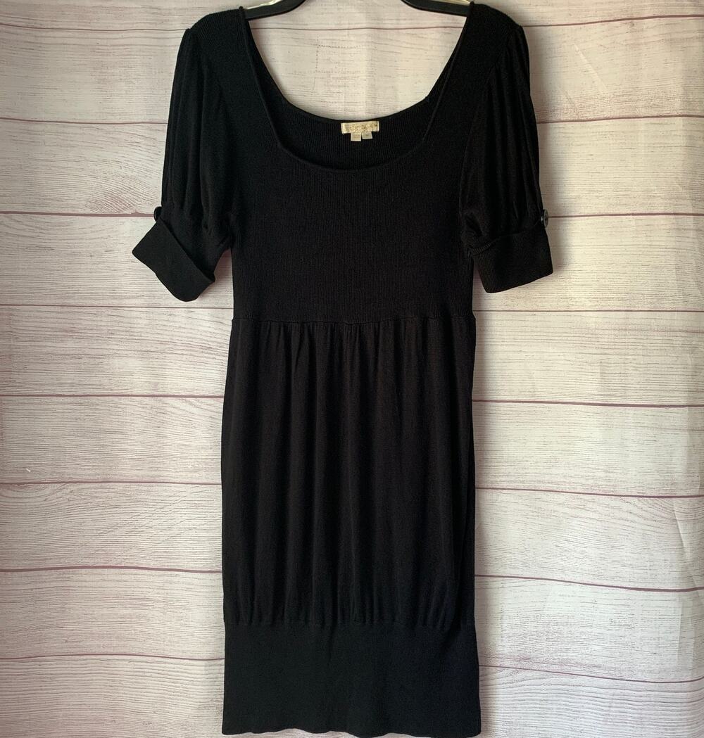 Sequin Hearts Black Knit Puff Sleeve Mini Dress Ribbed Bodice Size M